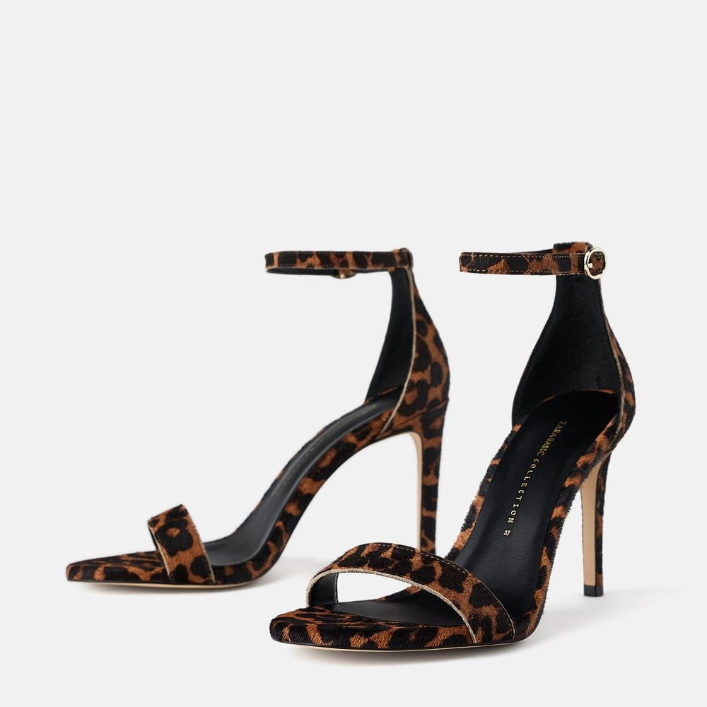 ZARA LEOPARD ANIMAL PRINT 100% LEATHER HIGH HEEL SANDALS NEW WITH TAGS US 7.5